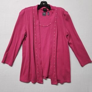 Rafaella Open Front Cardigan and Tank Set Fushia Pink Studded Cotton Knit Small